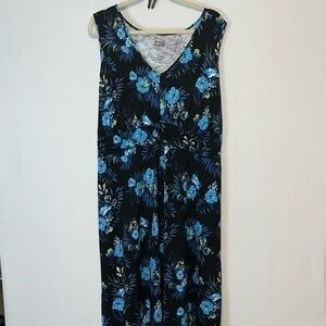 Basic Editions Women Maxi Dress Size 2X Floral Hawaiian Elastic Waist Blue.